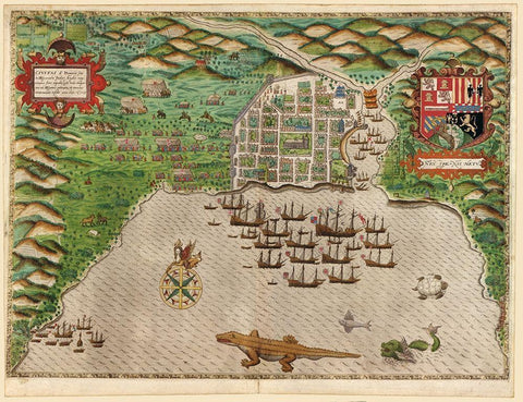 Sir Francis Drakes West Voyage to the West Indies Santo Domingo 1589 Black Ornate Wood Framed Art Print with Double Matting by Vintage Maps