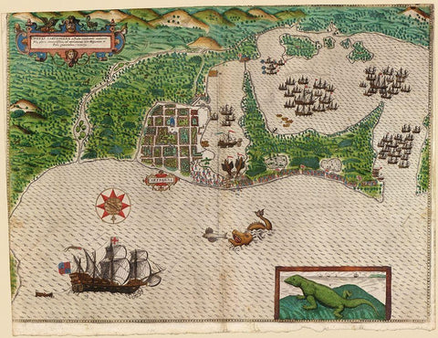 Sir Francis Drakes West Voyage to the West Indies 1589 Black Ornate Wood Framed Art Print with Double Matting by Vintage Maps