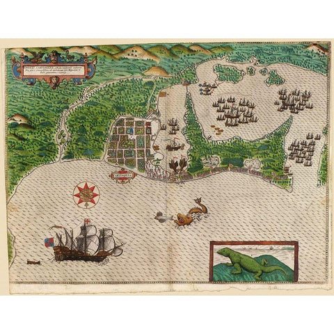 Sir Francis Drakes West Voyage to the West Indies 1589 Black Modern Wood Framed Art Print with Double Matting by Vintage Maps