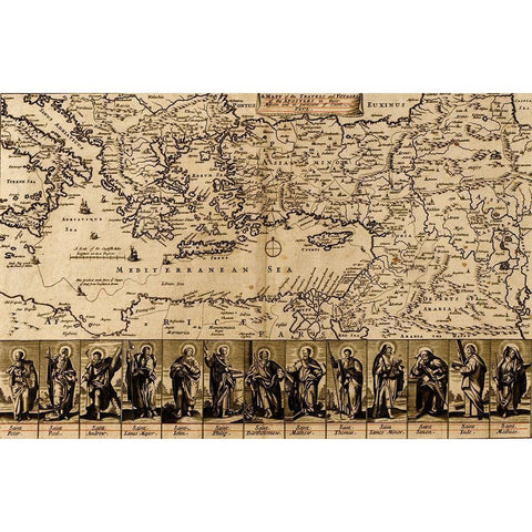 Map of the Travels and Voyages of the Apostles Black Modern Wood Framed Art Print with Double Matting by Vintage Maps