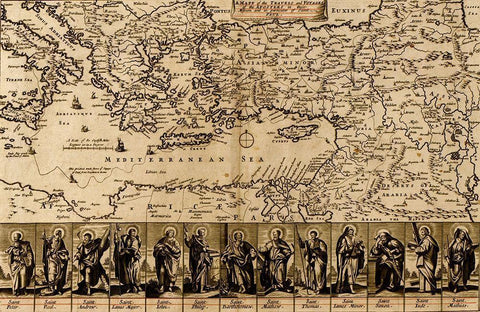 Map of the Travels and Voyages of the Apostles Black Ornate Wood Framed Art Print with Double Matting by Vintage Maps