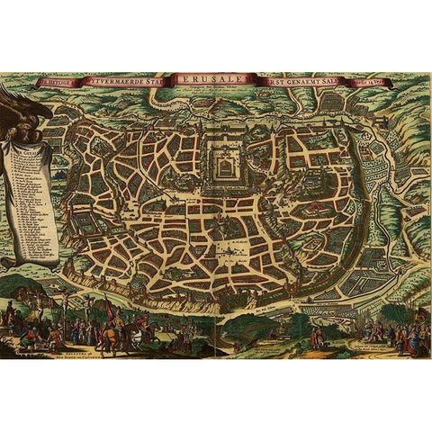 Jerusalem 1666 Black Modern Wood Framed Art Print with Double Matting by Vintage Maps