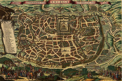 Jerusalem 1666 Black Ornate Wood Framed Art Print with Double Matting by Vintage Maps