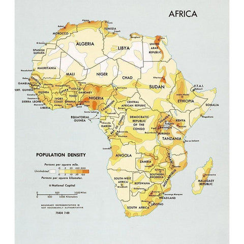 Africa Population Density  Black Modern Wood Framed Art Print with Double Matting by Vintage Maps