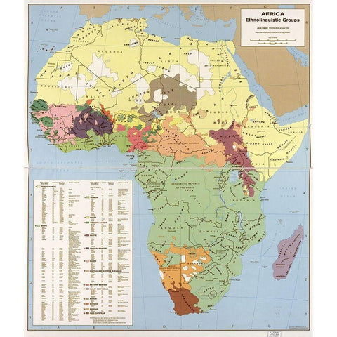 Ethnolinguisitic Map of Africa Black Modern Wood Framed Art Print with Double Matting by Vintage Maps