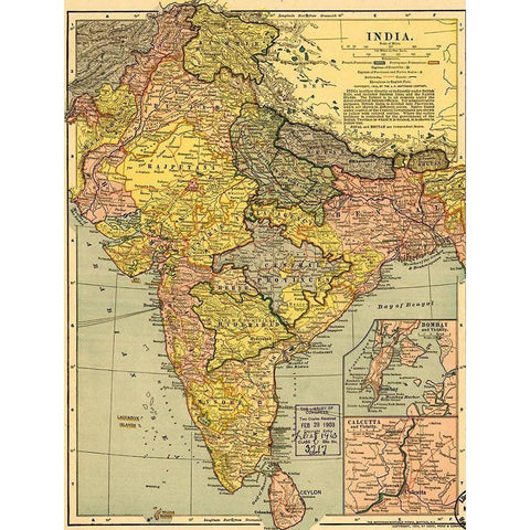 India 1903 Gold Ornate Wood Framed Art Print with Double Matting by Vintage Maps