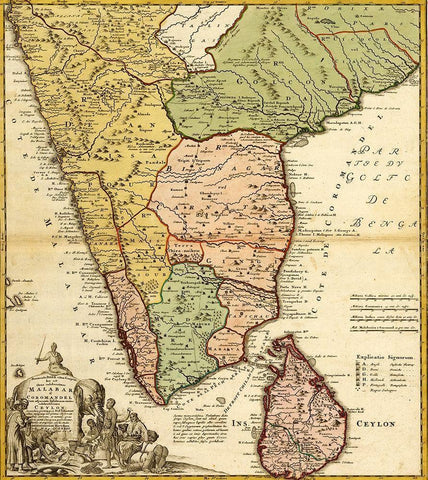 India Ceylon and The Malabar Coast Black Ornate Wood Framed Art Print with Double Matting by Vintage Maps