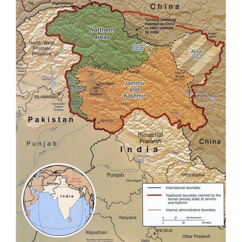 Disputed Area of Kashmir 2002 Gold Ornate Wood Framed Art Print with Double Matting by Vintage Maps