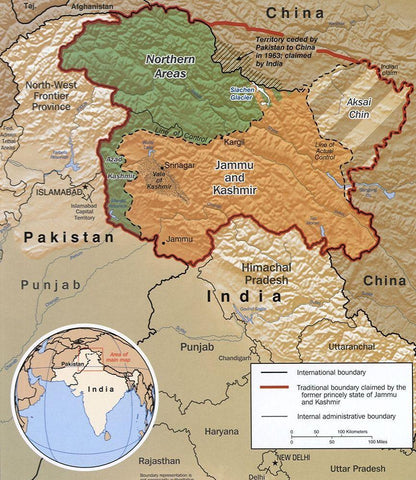 Disputed Area of Kashmir 2002 White Modern Wood Framed Art Print with Double Matting by Vintage Maps