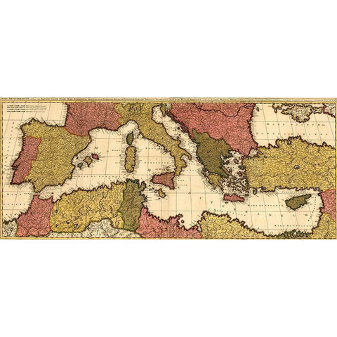 Mediterranean Sea 1695 Black Modern Wood Framed Art Print with Double Matting by Vintage Maps