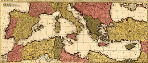 Mediterranean Sea 1695 White Modern Wood Framed Art Print with Double Matting by Vintage Maps