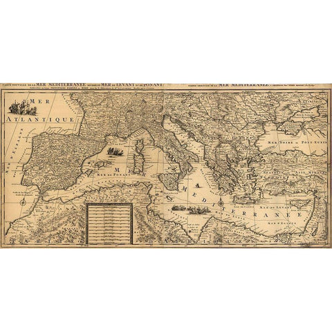 Mediterranean Sea 1680 Black Modern Wood Framed Art Print with Double Matting by Vintage Maps