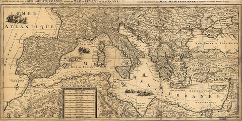 Mediterranean Sea 1680 Black Ornate Wood Framed Art Print with Double Matting by Vintage Maps