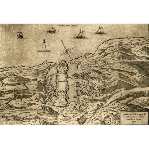 Island of Malta 1563 Gold Ornate Wood Framed Art Print with Double Matting by Vintage Maps