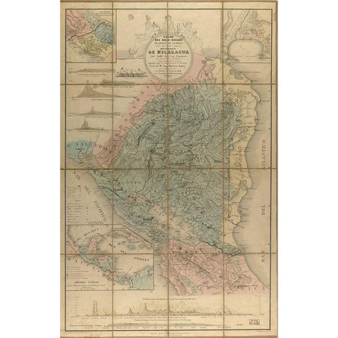 Nicaragua Isthmus Canal 1855 Gold Ornate Wood Framed Art Print with Double Matting by Vintage Maps