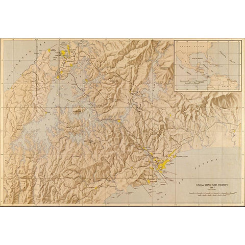 Panama Canal Zone 1947 Gold Ornate Wood Framed Art Print with Double Matting by Vintage Maps