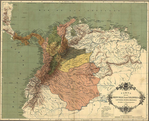 Map of the Republic of Colombia 1886 Black Ornate Wood Framed Art Print with Double Matting by Vintage Maps