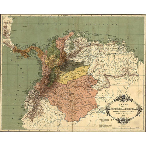 Map of the Republic of Colombia 1886 Black Modern Wood Framed Art Print with Double Matting by Vintage Maps