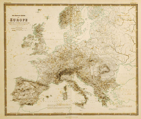 Mountain Systems of Europe Black Ornate Wood Framed Art Print with Double Matting by Vintage Maps