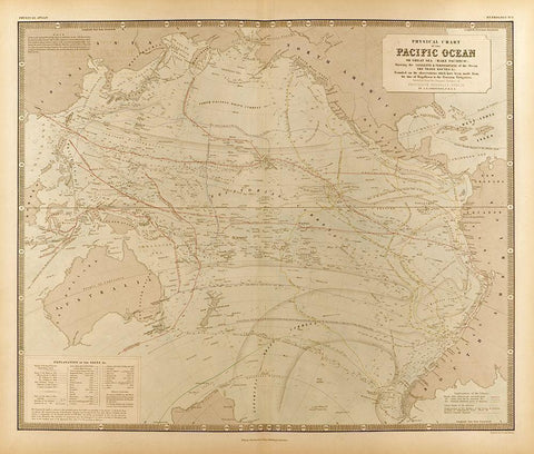 Physical Chart of the Pacific Ocean White Modern Wood Framed Art Print with Double Matting by Vintage Maps