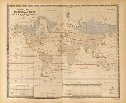 Mean Temperature Across the Globe Isothermal Lines Black Ornate Wood Framed Art Print with Double Matting by Vintage Maps