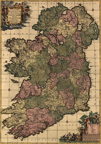 Ireland 1750 Black Ornate Wood Framed Art Print with Double Matting by Vintage Maps