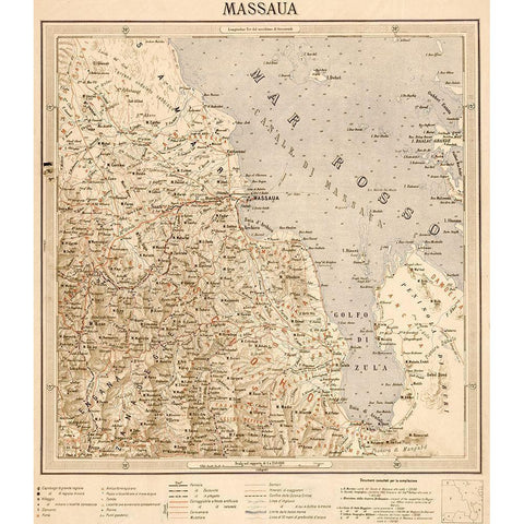 Massaua Ethiopia Eritrea 1896 Gold Ornate Wood Framed Art Print with Double Matting by Vintage Maps