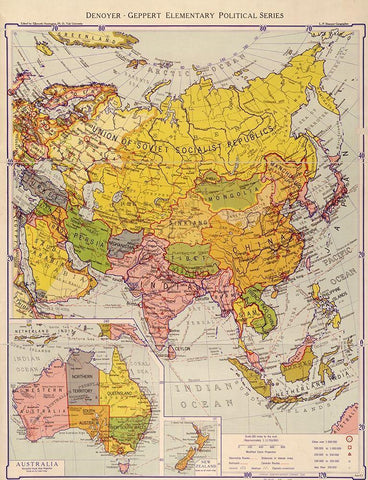 Asia 1934 White Modern Wood Framed Art Print with Double Matting by Vintage Maps