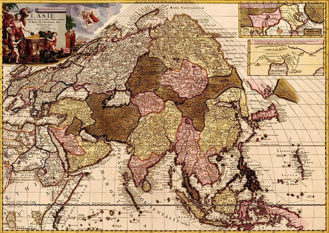 Asia 1680 White Modern Wood Framed Art Print with Double Matting by Vintage Maps