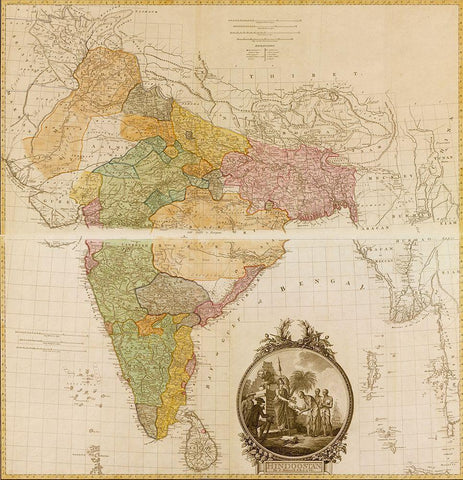 India Hindustan 1782 Black Ornate Wood Framed Art Print with Double Matting by Vintage Maps