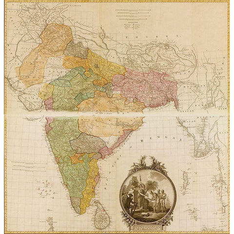 India Hindustan 1782 Black Modern Wood Framed Art Print with Double Matting by Vintage Maps