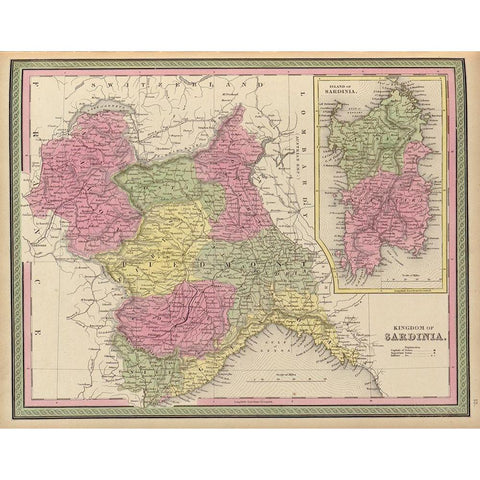 Sardinia 1849 Gold Ornate Wood Framed Art Print with Double Matting by Vintage Maps