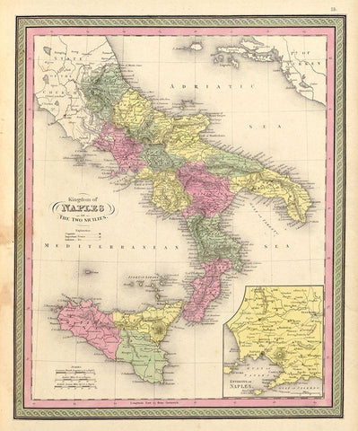 Naples and the Two Sicilies 1849 White Modern Wood Framed Art Print with Double Matting by Vintage Maps