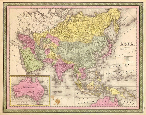 Asia 1849 White Modern Wood Framed Art Print with Double Matting by Vintage Maps