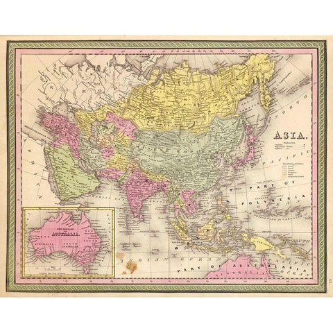 Asia 1849 Black Modern Wood Framed Art Print with Double Matting by Vintage Maps