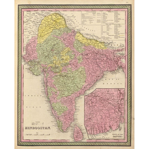 Hindustan 1849 Black Modern Wood Framed Art Print with Double Matting by Vintage Maps