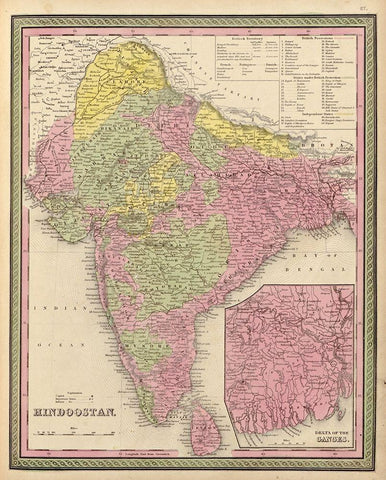 Hindustan 1849 Black Ornate Wood Framed Art Print with Double Matting by Vintage Maps