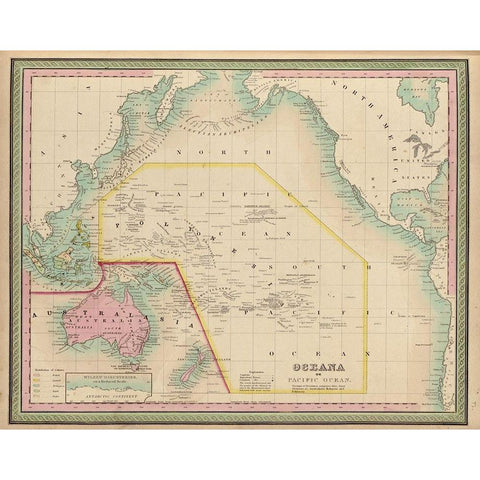 Oceania and The Pacific Ocean 1849 Gold Ornate Wood Framed Art Print with Double Matting by Vintage Maps