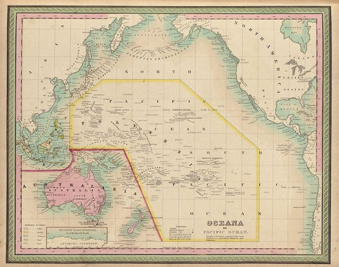 Oceania and The Pacific Ocean 1849 Black Ornate Wood Framed Art Print with Double Matting by Vintage Maps