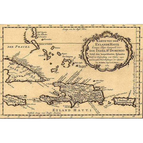 Haiti Santo Domingo and Hispaniola 1754 Gold Ornate Wood Framed Art Print with Double Matting by Vintage Maps