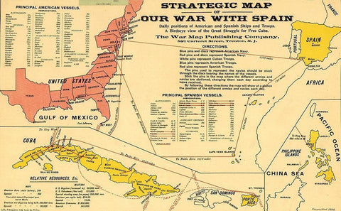 Strategic Map of Our War with Spain 1898 White Modern Wood Framed Art Print with Double Matting by Vintage Maps