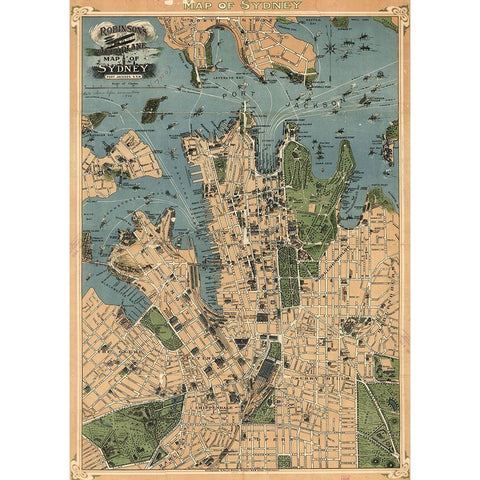 Aeroplane map of Sydney Australia 1922 Black Modern Wood Framed Art Print by Vintage Maps