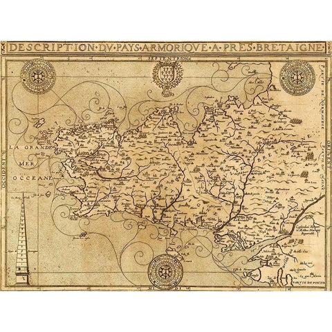 Bretaigne 1594 Brittany Coast White Modern Wood Framed Art Print by Vintage Maps