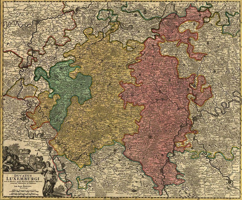 Duchy of Luxemburg 1700 Black Ornate Wood Framed Art Print with Double Matting by Vintage Maps