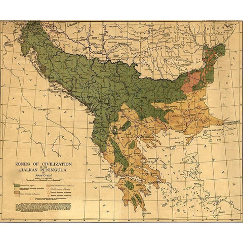 Balkan Zones of Civilization 1918 Black Modern Wood Framed Art Print with Double Matting by Vintage Maps