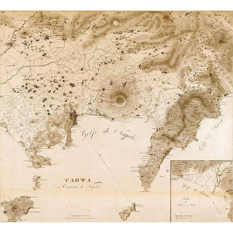 Naples Region with Vesuvius Italy 1828 Gold Ornate Wood Framed Art Print with Double Matting by Vintage Maps