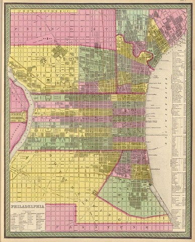 City of Philadelphia 1849 Black Ornate Wood Framed Art Print with Double Matting by Vintage Maps