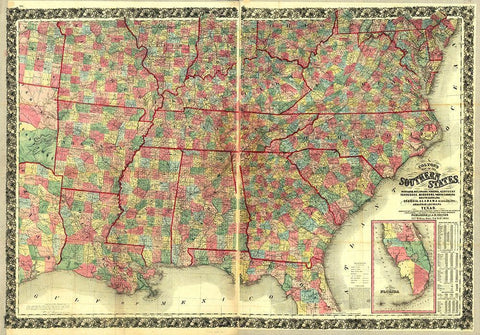 Southern States  Black Ornate Wood Framed Art Print with Double Matting by Vintage Maps