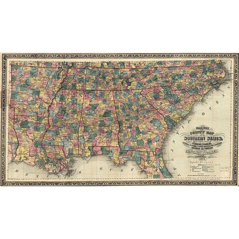 Railway and County Map of the Southern States Gold Ornate Wood Framed Art Print with Double Matting by Vintage Maps