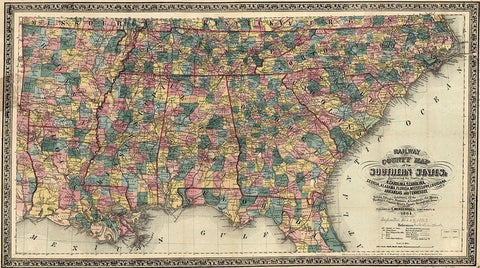 Railway and County Map of the Southern States Black Ornate Wood Framed Art Print with Double Matting by Vintage Maps